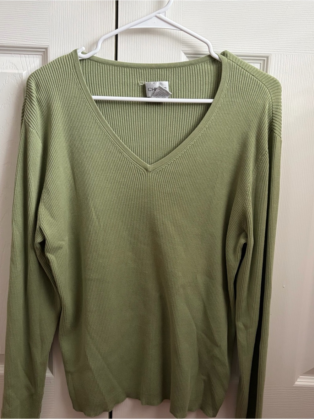 Chico's Olive Ribbed V-Neck Sweater Top